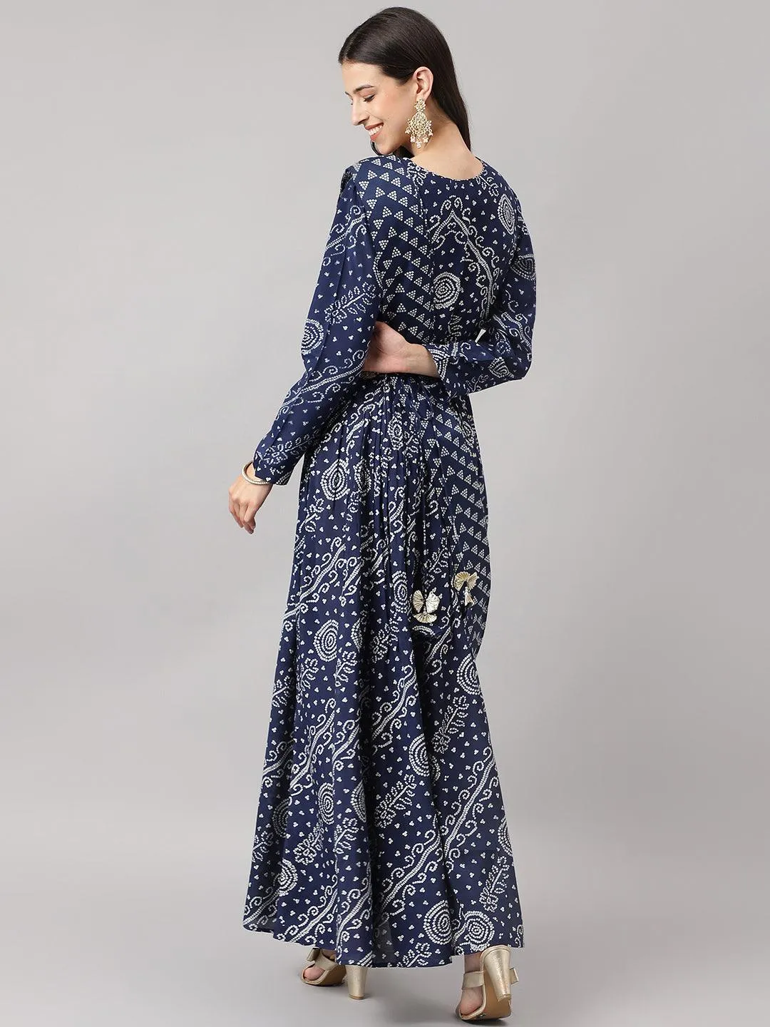 Divena Navy Blue bandhani Printed Muslin Zari work Drape style Flared Gown