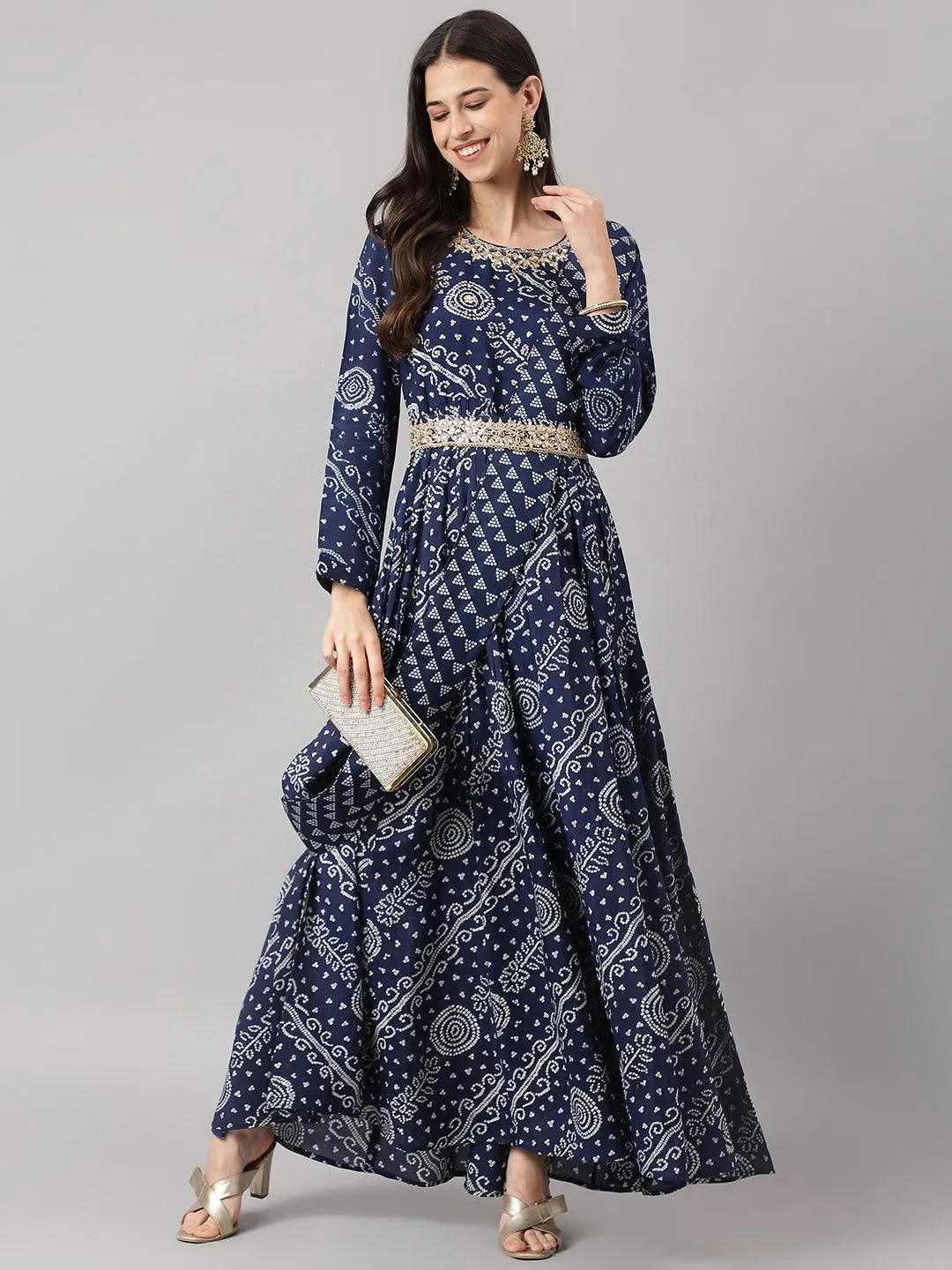 Divena Navy Blue bandhani Printed Muslin Zari work Drape style Flared Gown