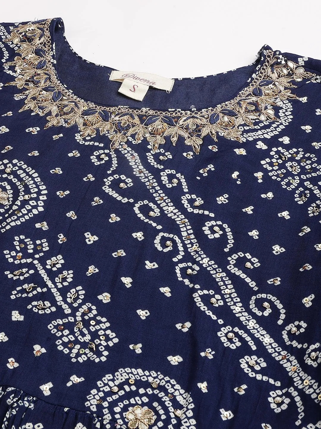 Divena Navy Blue bandhani Printed Muslin Zari work Drape style Flared Gown