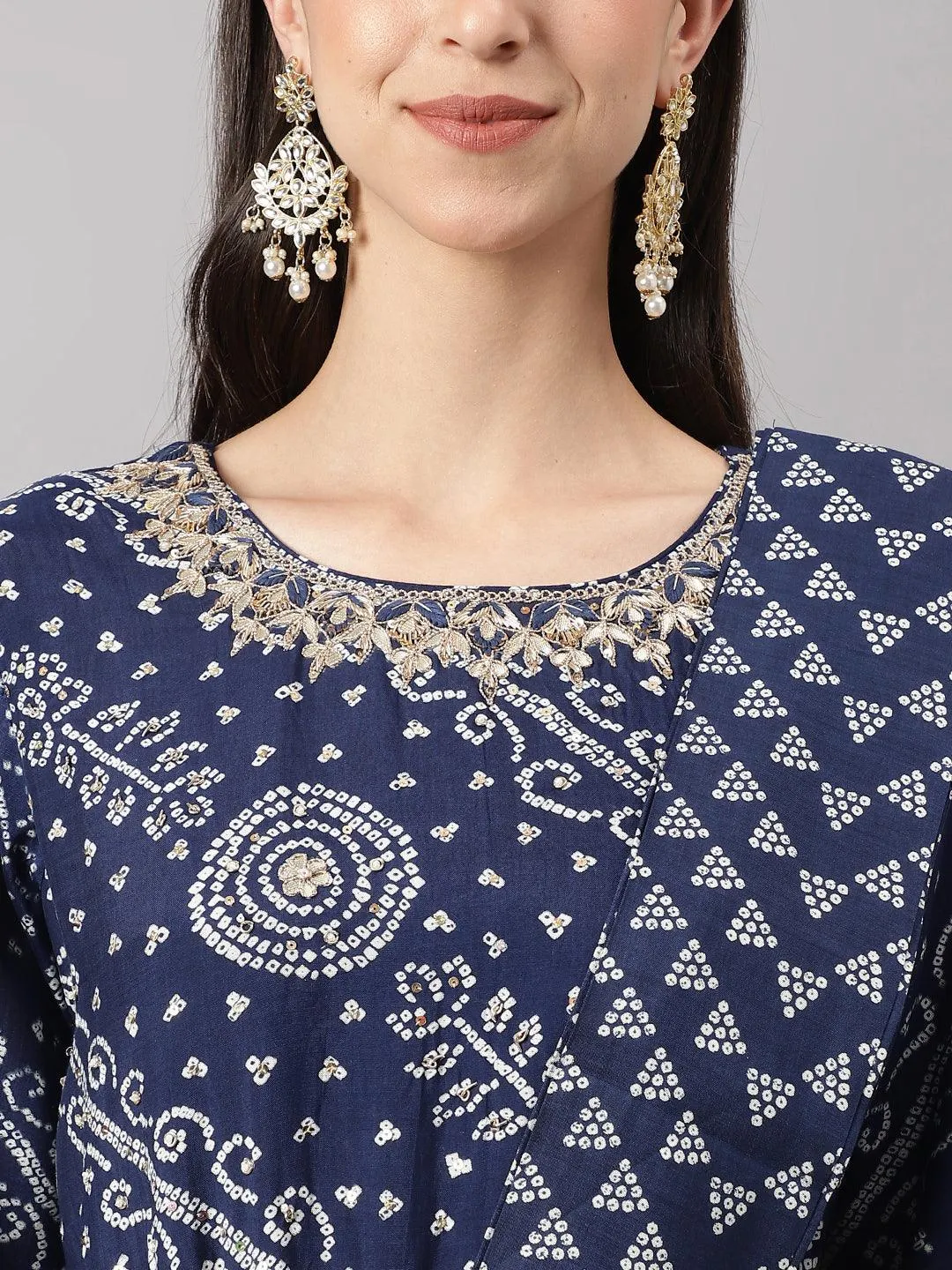 Divena Navy Blue bandhani Printed Muslin Zari work Drape style Flared Gown