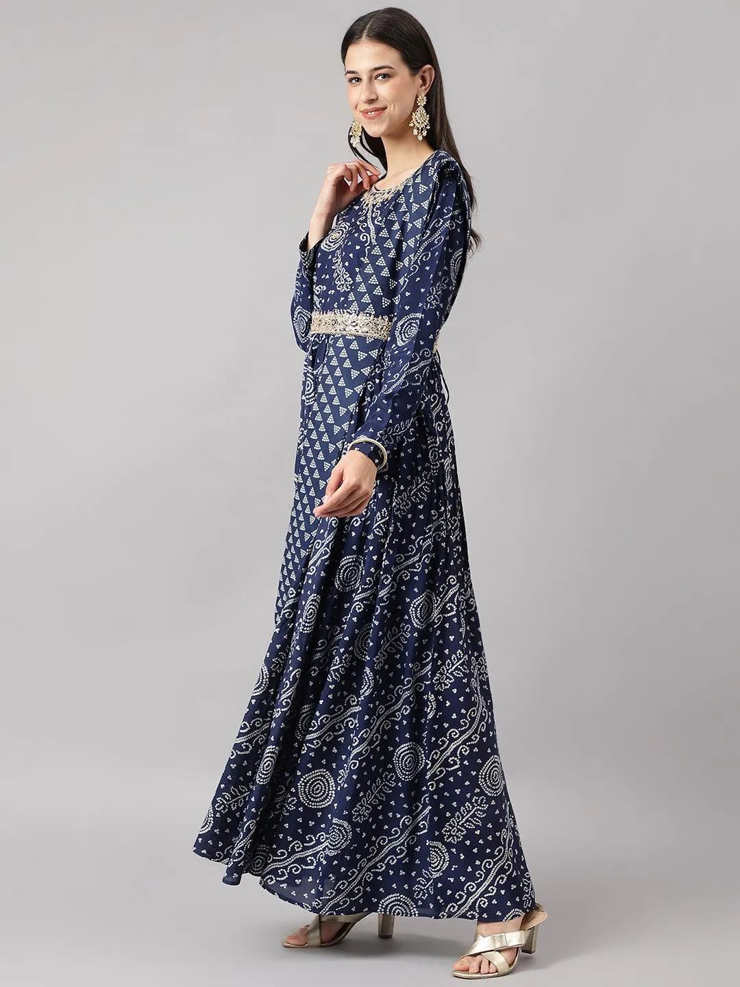 Divena Navy Blue bandhani Printed Muslin Zari work Drape style Flared Gown