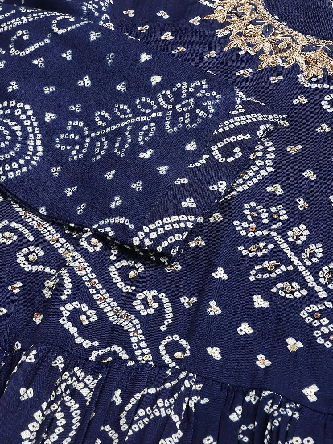 Divena Navy Blue bandhani Printed Muslin Zari work Drape style Flared Gown