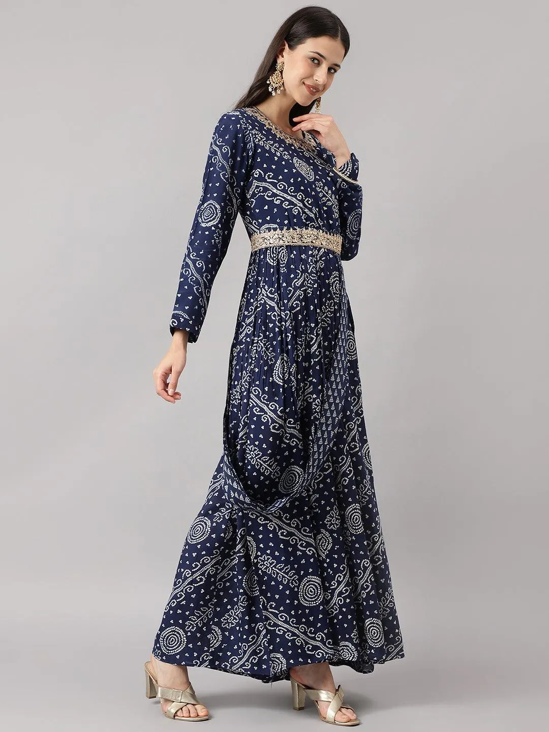 Divena Navy Blue bandhani Printed Muslin Zari work Drape style Flared Gown
