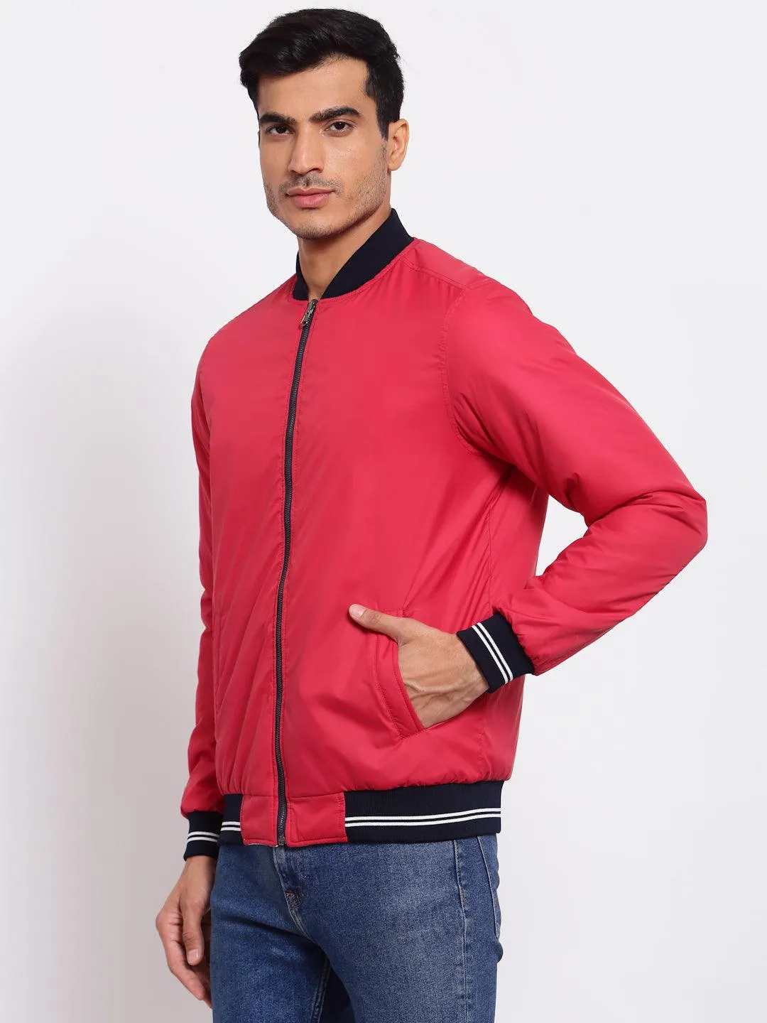 Men White & Coral Reversible Outdoor Varsity Jacket