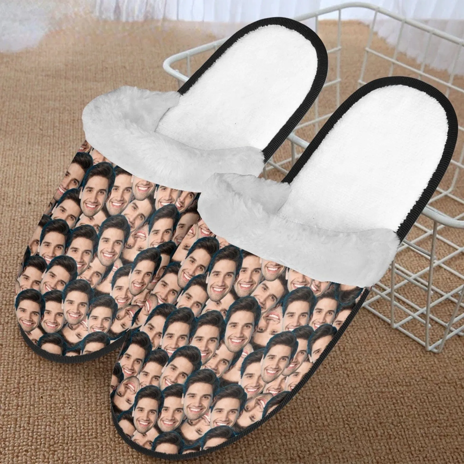 New Product Discounts-Custom Seamless Face Fuzzy Slippers for Women and Men Personalized Photo Non-Slip Slippers Indoor Warm House Shoes